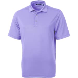 A lilac eco-friendly polo shirt featuring a collar and three buttons, with a logo on the chest.