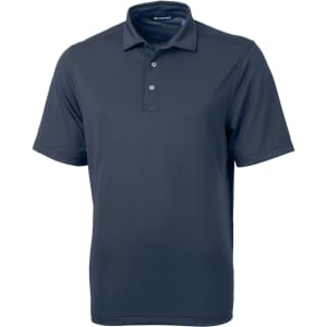 A navy blue men's polo shirt with a collar, short sleeves, and a logo on the chest.