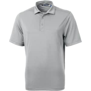 A grey men's polo shirt with a three-button placket and a logo on the chest.