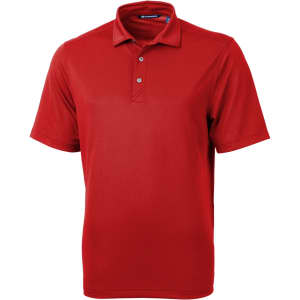 A red men's polo shirt with a collar and three buttons, featuring a logo on the chest.