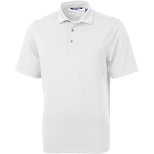 A white eco pique polo shirt with a collar and three buttons, featuring a logo.