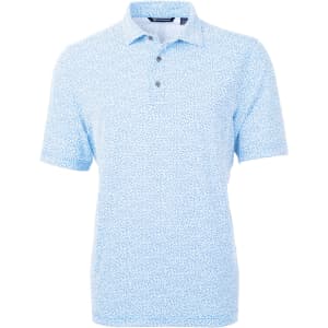 A blue botanical print polo shirt featuring a collar and three buttons, designed for men's wear.