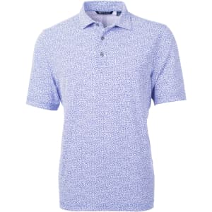 A short-sleeved, men's polo shirt in blue with a botanical print and a collar. Features a logo on the chest.