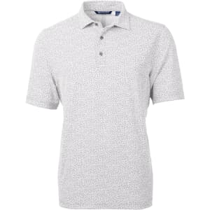 Men's eco pique polo shirt in white with a botanical print, featuring a collar and three-button placket.