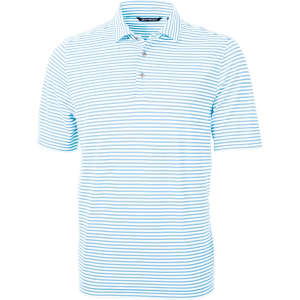 A striped polo shirt in light blue and white, featuring a collar and a logo. Short sleeves and a buttoned placket.