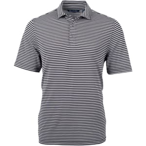 A striped men's polo shirt in navy and white with a collar and a logo on the chest.