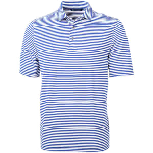 A blue and white striped polo shirt with a collar, featuring a logo on the chest.