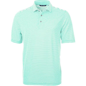 A striped polo shirt in green and white with a collar and three buttons. It features a logo.