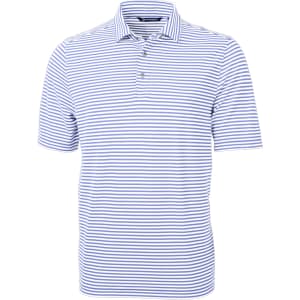A striped polo shirt in white and blue, featuring a classic collar and three-button placket, with a logo.