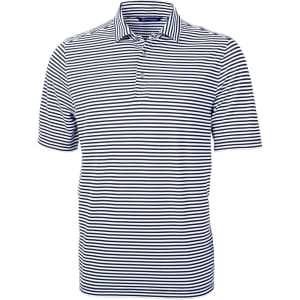 A striped navy and white polo shirt featuring a collar and a three-button placket, with a logo on the chest.