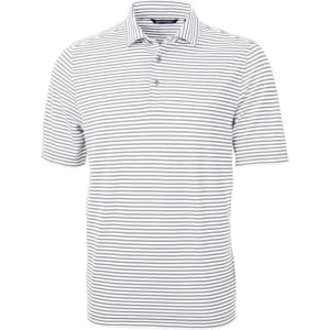 A Men's Virtue Eco Pique Stripe Polo in grey and white stripes, featuring a collar and buttons, with a logo.