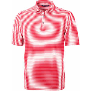 A red and white striped polo shirt with a collar and three buttons, featuring a logo.
