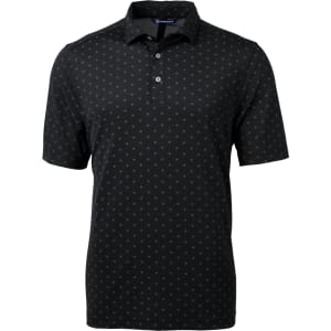 A black polo shirt featuring a tile print design, with a collar and three-button placket. It has a logo on the chest.