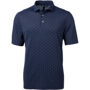 A navy blue polo shirt featuring a tile print pattern and a collar, with three buttons and a logo.