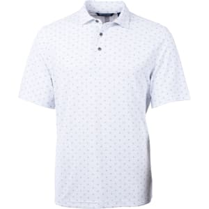 A white polo shirt featuring a tile print design and a collar, with a logo on the chest.