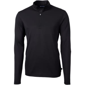 A black half-zip jacket with long sleeves, featuring a logo and a smooth, eco-friendly fabric.