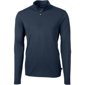 A half-zip jacket in navy blue with long sleeves and a subtle branded logo.