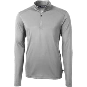 A grey half-zip jacket with long sleeves and a collar, featuring a logo on the upper side.