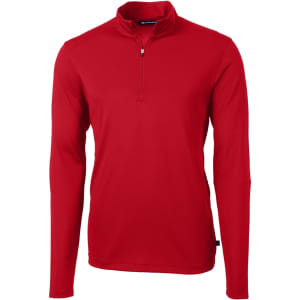 A red men's half zip jacket featuring long sleeves and a zippered collar. It has a branding logo on it.