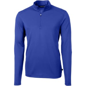 A blue half-zip jacket for men made from eco-friendly material, featuring long sleeves and a small collar.