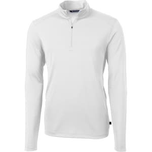 A white half-zip jacket for men, featuring long sleeves and a small logo on the garment.
