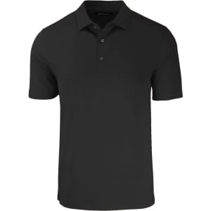 A black men's polo shirt with a collar, short sleeves, and buttons, featuring a logo on the chest.