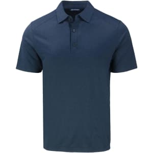 A navy blue polo shirt featuring a collar, short sleeves, and a logo.