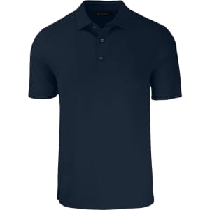 A navy men's polo shirt with a three-button placket and a logo on the chest.