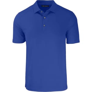 A blue men's polo shirt featuring a collar, three buttons, and a branded logo.