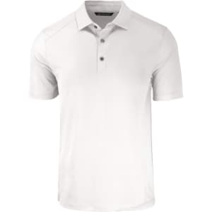 A white men's polo shirt with a collar and three buttons, featuring a logo on the chest.