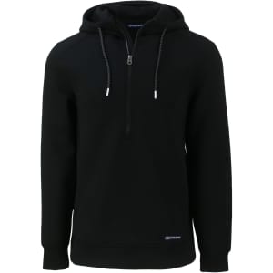 A black half zip hoodie with a drawstring hood and logo branding, designed for men.