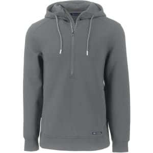 A grey men’s half zip hoodie with a hood, featuring a logo and drawstrings.