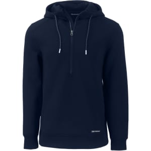 A navy blue men's half zip hoodie featuring a hood, drawstrings, and a logo on the hem.