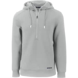 A light grey men's half zip hoodie featuring a hood and a logo at the hem.