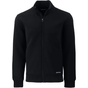 A black full zip jacket featuring a high collar and logo, designed for men. Suitable for various outdoor activities.