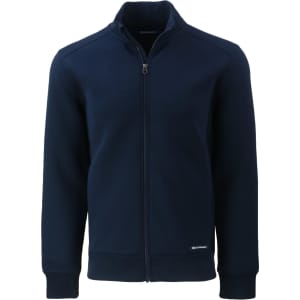 A navy full zip jacket with a high collar and a logo on the side. Ideal for casual wear.