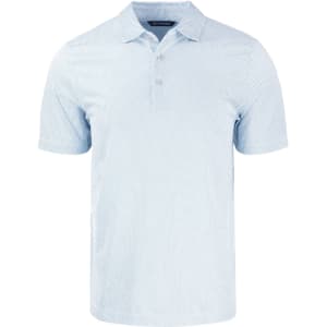 A light blue polo shirt featuring a symmetry print design and a collar, with a logo on the chest.