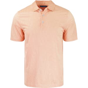 A men’s polo shirt in a light orange with an eco-friendly symmetry print. It features a collar and buttons, with a logo.