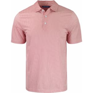 A red and white patterned men's polo shirt with a collar and buttons, featuring a logo.