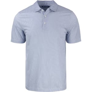 A blue and white patterned polo shirt featuring a collar, short sleeves, and a logo on the chest.