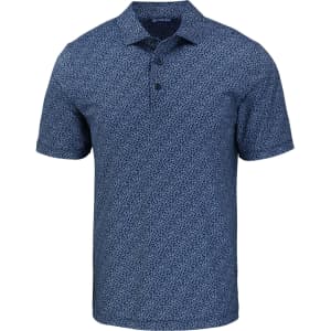 Men's short-sleeve polo shirt in navy blue with a pebble print pattern, featuring a collar and buttons. Includes branding.