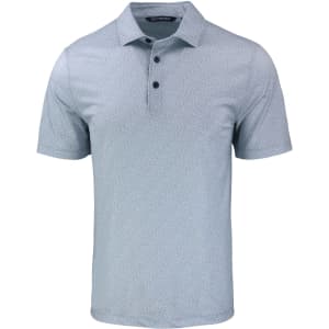 A light blue polo shirt featuring a pebble print and a branded logo, designed for men with a classic collar and buttons.