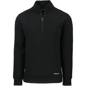 A black half zip jacket with long sleeves and a logo on the hem.