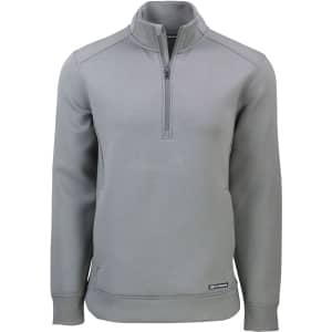A grey men's half zip jacket with a sleek design and a small logo on the hem.
