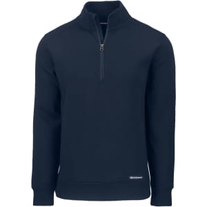 A navy half-zip jacket with a collar and long sleeves, featuring a logo on the hem.