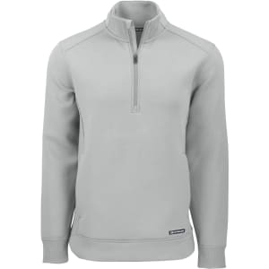 A light grey half zip jacket for men, featuring a zip closure and a logo on the hem.