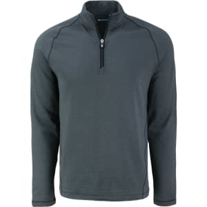 A dark grey half-zip polar fleece jacket with long sleeves and a logo.