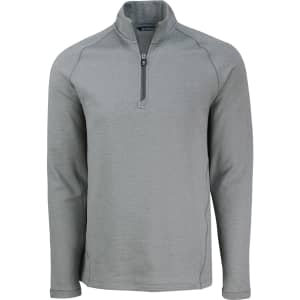 A men's half zip polar fleece jacket in grey, featuring a zip neck and long sleeves. The jacket has a logo.