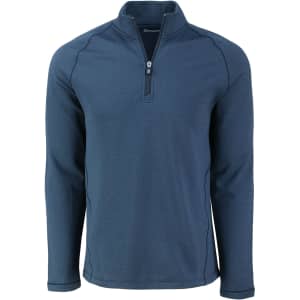 A navy blue men's half zip fleece jacket with long sleeves and a front zipper. It features a logo on the chest.