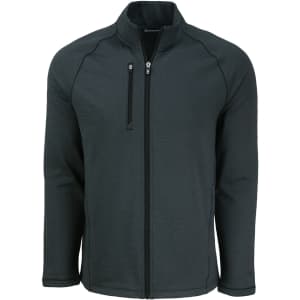 A dark grey full-zip fleece jacket with a high collar and a zippered chest pocket, featuring a logo.
